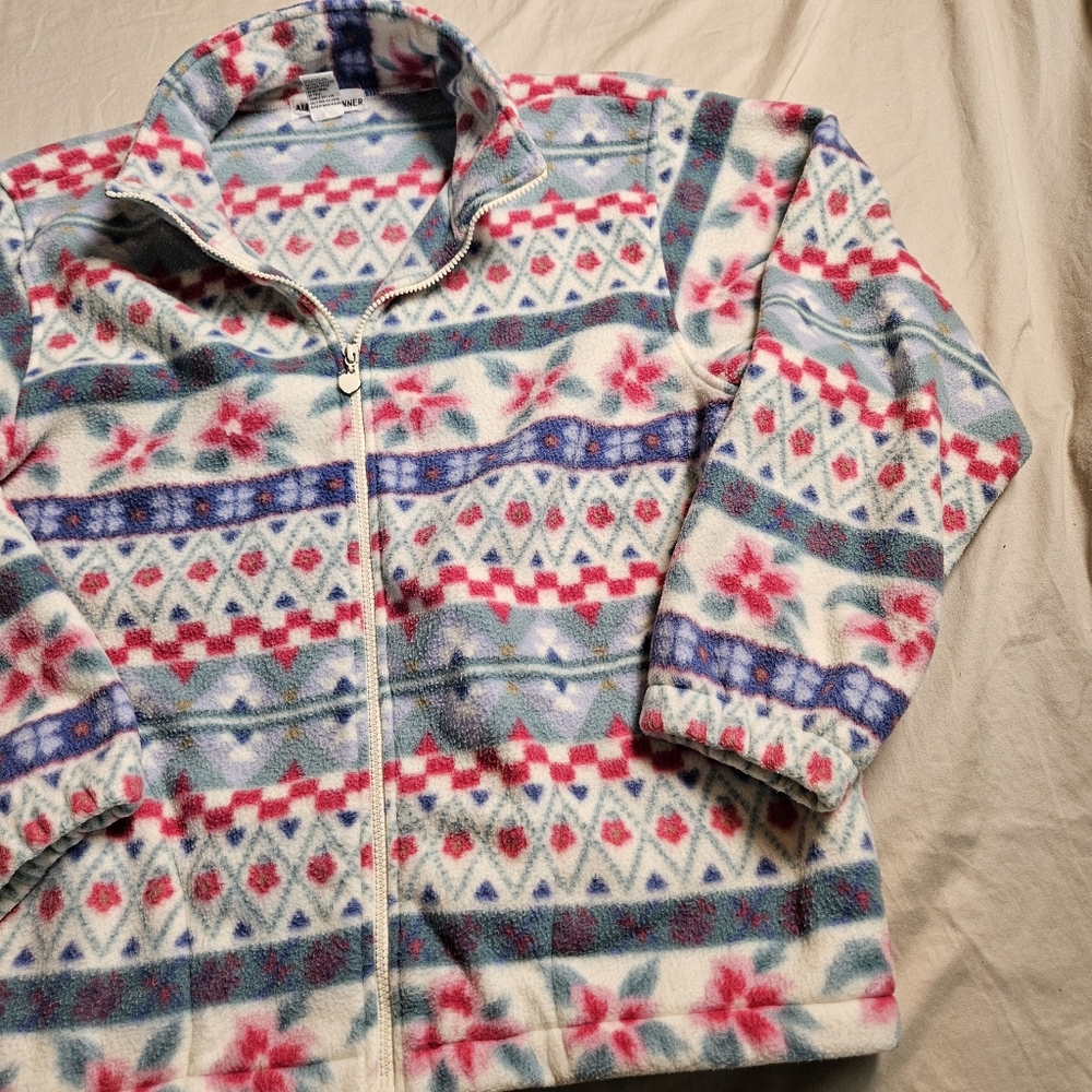Vintage 90s Alfred Dunner Full Zip Fleece Jacket M Pastel Floral Aztec Cozy
